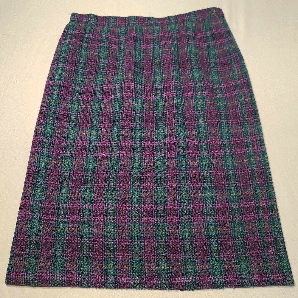 Vintage Alfred Dunner Plaid Skirt Womens 12 Purple Teal Wool Pencil Midi Grandma